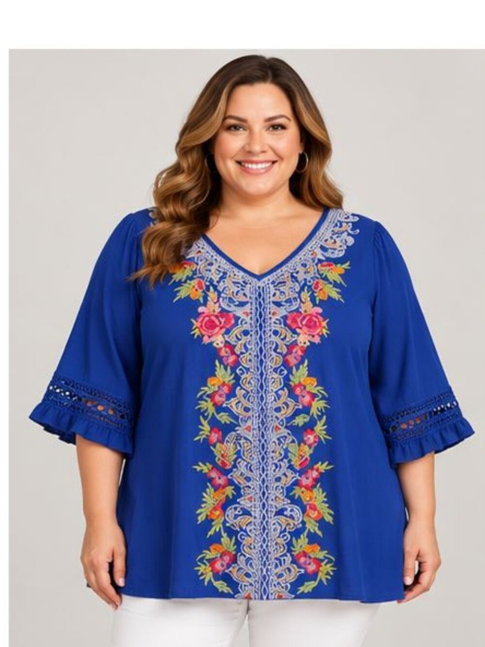 Calessa Embroidered Tunic Top Women's Size 2X Blue Loose Fit V-Neck